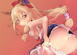 Rule 34 | 1girl, ass, bad id, bad pixiv id, blonde hair, bloomers, bloomers pull, blush, bow, breasts, brown eyes, character name, hair bow, horns, ibuki suika, kedama milk, long hair, looking at viewer, pointy ears, revision, sideboob, simple background, sketch, small breasts, smile, solo, touhou, underwear, white bloomers