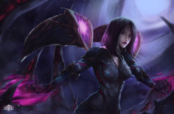Rule 34 | 1girl, absurdres, artist name, black bodysuit, blurry, blurry background, bodysuit, breasts, cowboy shot, facial mark, geus (just geus), glowing, highres, kai&#039;sa, large breasts, league of legends, long hair, long sleeves, looking at viewer, parted bangs, pink eyes, purple hair, solo, upper body, wings