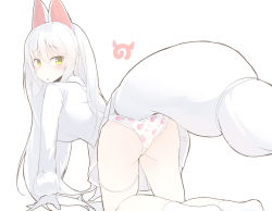 Rule 34 | 10s, 1girl, absurdres, all fours, animal ears, commentary, extra ears, food print, fox ears, fox tail, fur-trimmed sleeves, fur trim, highres, jacket, japari symbol, kanzakietc, kemono friends, long hair, long sleeves, looking at viewer, looking back, oinari-sama (kemono friends), panties, print panties, simple background, solo, strawberry panties, strawberry print, tail, underwear, white background, white hair, white jacket, yellow eyes