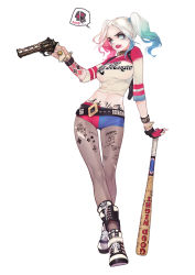 Rule 34 | 1girl, absurdres, blonde hair, blue hair, body writing, breasts, dc comics, full body, gun, handgun, harley quinn, highres, makeup, medium breasts, multicolored hair, olivia (yh), pantyhose, pantyhose under shorts, pink hair, pubic tattoo, revolver, short shorts, shorts, simple background, solo, spoken skull, suicide squad, tattoo, thighs, torn clothes, torn pantyhose, weapon, white background