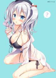 Rule 34 | 10s, 1girl, :o, ?, bare legs, bare shoulders, barefoot, bikini, black bikini, blue eyes, blush, breasts, cellphone, cleavage, commentary request, from side, front-tie top, hair ribbon, hat, jacket, kantai collection, kashima (kancolle), large breasts, long hair, looking at viewer, lotion, off shoulder, open clothes, open jacket, open mouth, phone, ribbon, see-through, side-tie bikini bottom, sidelocks, silver hair, sitting, solo, sousouman, speech bubble, spoken question mark, strap gap, sunscreen, swimsuit, tsurime, twintails, wariza, wavy hair, wet, wet clothes