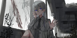 Rule 34 | 1girl, black necktie, blood, blood on window, blue eyes, bullet hole, chihuri, closed mouth, collared shirt, commentary request, day, ende (chihuri), feet out of frame, grey hair, grey vest, hair between eyes, hands up, highres, jacket, knee up, long hair, necktie, open clothes, open jacket, original, shirt, sitting, sketch, smile, solo, vest, white jacket, white shirt, window