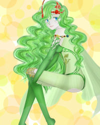 Rule 34 | 1990s (style), 1girl, blue eyes, boots, breasts, cape, cleavage, detached sleeves, female focus, final fantasy, final fantasy iv, final fantasy iv: the after years, green footwear, green hair, hair ornament, leotard, long hair, medium breasts, aged up, retro artstyle, rydia (ff4), see-through, smile, solo, thigh boots, thighhighs, ukine, very long hair