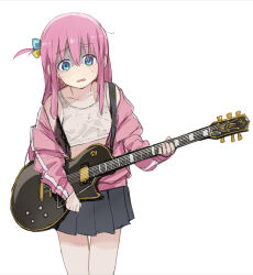 Rule 34 | 1girl, absurdres, alternate breast size, black skirt, blue eyes, bocchi the rock!, cowboy shot, crop top, flat chest, gotoh hitori, guitar, highres, holding, holding instrument, instrument, jacket, long hair, long sleeves, off shoulder, one side up, open clothes, open jacket, open mouth, pink hair, pink jacket, pleated skirt, raised eyebrows, sadamatsu ryuuichi, shirt, simple background, skirt, solo, tank top, tearing up, tears, turn pale, wavy mouth, white background, white shirt