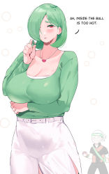 Rule 34 | 1boy, 1girl, arm under breasts, beanie, blush, breast hold, breasts, brendan (pokemon), cleavage, commentary, creatures (company), english commentary, english text, game freak, gardevoir, gen 3 pokemon, green bag, green eyes, green hair, twirling hair, hand up, hat, highres, holding, holding poke ball, huge breasts, humanization, jacket, jewelry, long sleeves, looking at viewer, mature female, necklace, nintendo, okpriko, parted lips, poke ball, pokemon, pokemon emerald, pokemon rse, red eyes, shirt tucked in, skirt, solo focus, sweat, white background, white headwear, white skirt