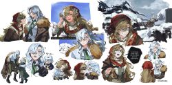 &gt;_&lt; 1boy 2girls ? absurdres avgust_(reverse:1999) black_footwear black_gloves blonde_hair blue_eyes blue_sky boots brown_coat brown_jacket brown_pants chibi chibi_inset coat collared_shirt curly_hair face-to-face fang fur-trimmed_boots fur-trimmed_coat fur_hat fur_trim gloves green_coat green_necktie gyeol_124 hair_over_one_eye hair_scarf hat highres jacket korean_text long_hair mole mole_under_mouth mountain multiple_girls multiple_views necktie open_mouth pants pink_eyes profile red_scarf reverse:1999 scared scarf shirt skin_fang sky snow speech_bubble spoken_question_mark sweat translation_request upper_body ushanka vila_(reverse:1999) white_hair white_shirt windsong_(reverse:1999)