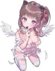 Rule 34 | 1girl, animal ear piercing, animal ears, babydoll, blunt bangs, blush, bow, breasts, brown hair, candy, capybara ears, cleavage, closed mouth, commentary request, earrings, feathered wings, feathers, food, frilled babydoll, frilled shorts, frills, full body, hair ornament, hairclip, heart, heart hair ornament, heart-shaped lollipop, high side ponytail, holding, holding candy, holding food, holding lollipop, jewelry, kuzuhana, large breasts, lollipop, long hair, looking at viewer, medium bangs, nanashi inc., pink bow, pink eyes, pink shorts, seiza, shaped lollipop, shorts, sidelocks, simple background, sitting, smile, solo, stud earrings, thigh strap, thighhighs, transparent background, virtual youtuber, white babydoll, white thighhighs, white wings, wings, yunohara izumi