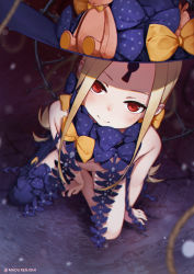 Rule 34 | 1girl, abigail williams (fate), abigail williams (second ascension) (fate), arm support, bigxixi, black bow, black hat, black thighhighs, blonde hair, blush, bow, closed mouth, commentary request, dutch angle, fate/grand order, fate (series), hat, hat bow, highres, key, keyhole, long hair, looking at viewer, nude, orange bow, parted bangs, print bow, red eyes, revealing clothes, single thighhigh, skull print, solo, star (symbol), star print, stuffed animal, stuffed toy, teddy bear, thighhighs, twitter username, very long hair, witch hat