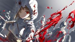 Rule 34 | 1girl, assassin&#039;s creed (series), bilibili, blood, blood splatter, blood on clothes, brown hair, cloak, closed mouth, expressionless, foreshortening, highres, holding, holding sword, holding weapon, hood, hood up, hooded jacket, incoming attack, jacket, long hair, long sleeves, looking at viewer, mianbaoshi mengxiang, one eye covered, people, perspective, pov, red eyes, sash, slashing, soldier, solo focus, sword, weapon, white cloak