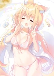 Rule 34 | 1girl, :d, ^ ^, amamiya mei, animal ear fluff, animal ears, bikini, blonde hair, breasts, cleavage, closed eyes, commentary request, facing viewer, fox ears, fox girl, fox tail, gluteal fold, groin, hair between eyes, hair ornament, hair scrunchie, hairclip, highres, jacket, long hair, low twintails, medium breasts, mofu-mofu after school, mofumofu channel, navel, off shoulder, open clothes, open jacket, open mouth, p19, pink bikini, pink scrunchie, plaid, plaid bikini, puffy short sleeves, puffy sleeves, scrunchie, short sleeves, side-tie bikini bottom, smile, solo, swimsuit, tail, thigh gap, twintails, very long hair, white jacket