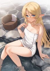 Rule 34 | 1girl, bare arms, bare shoulders, blonde hair, blue eyes, breasts, commentary request, enjo kouhai, hair between eyes, hand up, highres, iris (takunomi), long hair, naked towel, onsen, pointy ears, sitting, small breasts, smile, soaking feet, solo, takunomi, towel, water, wet