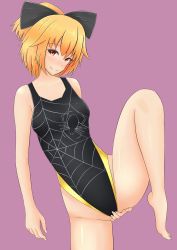 Rule 34 | 1girl, bad id, bad pixiv id, blonde hair, bow, bug, collarbone, competition swimsuit, covering privates, covering crotch, crotch grab, eyelashes, female focus, fingernails, hair bow, highleg, highleg swimsuit, highres, kuriken, kurodani yamame, leg up, looking at viewer, one-piece swimsuit, ponytail, purple background, red eyes, shiny skin, short hair, simple background, smile, solo, spider, spider web print, swimsuit, toenails, touhou