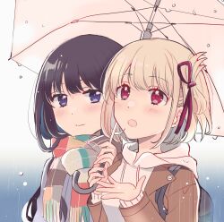 Rule 34 | 2girls, backpack, bag, black bag, black hair, blonde hair, blue background, blush, brown jacket, closed mouth, commentary request, gradient background, hair ribbon, highres, holding, holding umbrella, hood, hoodie, inoue takina, jacket, long hair, long sleeves, looking at viewer, lycoris recoil, multiple girls, nishikigi chisato, one side up, open mouth, purple eyes, rain, red eyes, red ribbon, ribbon, sango (sango3 3), scarf, shadow, shared umbrella, short hair, umbrella, upper body, white background, white hoodie, yuri