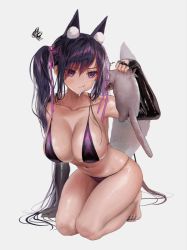 Rule 34 | animal ear fluff, animal ears, animated, animated gif, annie (destiny child), arm up, armpits, bare legs, bare shoulders, barefoot, bikini, black hair, breasts, carrying, cat, cleavage, closed mouth, collarbone, destiny child, elbow gloves, extra ears, fingerless gloves, fox ears, fox girl, fox tail, gloves, huge filesize, kneeling, large breasts, latex, latex gloves, long hair, mouth hold, myabit, nail polish, navel, purple bikini, purple eyes, shadow, skindentation, stomach, string bikini, swimsuit, tail, thighs, toenail polish, toenails, twintails, very long hair, white background