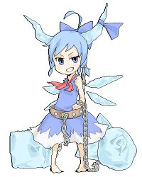 Rule 34 | barefoot, blue eyes, blue hair, bow, chain, circled 9, cirno, cosplay, hair bow, horns, ibuki suika, ibuki suika (cosplay), ice, lowres, poketto, short hair, solo, touhou, wings