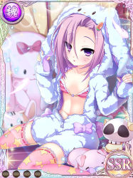 Rule 34 | 1girl, animal costume, animal ears, artist request, bra, card (medium), fake animal ears, flat chest, hood, jokou, knees together feet apart, koihime musou, navel, official art, open clothes, pink thighhighs, print thighhighs, purple eyes, purple hair, rabbit costume, rabbit ears, short hair, shorts, sitting, solo, striped bra, striped clothes, stuffed toy, thighhighs, underwear, unzipped