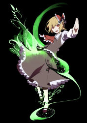 Rule 34 | 1girl, ascot, bad id, bad pixiv id, blonde hair, darkness, female focus, hair ribbon, highres, ichirugi, long sleeves, open mouth, outstretched arms, plant, red eyes, ribbon, rumia, shirt, short hair, skirt, skirt set, smile, solo, touhou, tsukimoto aoi, vest, vines