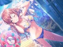 Rule 34 | 1girl, ;), bang dream!, bare shoulders, beach, beach umbrella, bikini, blue sky, blush, bracelet, breasts, brown hair, chair, cleavage, closed mouth, cloud, cowboy shot, day, dutch angle, earrings, fence, floral print, game cg, imai lisa, inflatable raft, jewelry, long hair, lounge chair, medium breasts, multicolored bikini, multicolored clothes, navel, necklace, o-ring, o-ring top, official alternate costume, official art, one eye closed, outdoors, showering, side-tie bikini bottom, sidelocks, sky, smile, solo, stomach, swimsuit, thighs, umbrella, water, wet, wooden fence, wooden floor, yellow eyes