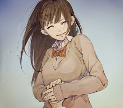 Rule 34 | 1girl, bad id, bad pixiv id, brown hair, closed eyes, crying, gradient background, grin, highres, holding hands, kawai makoto, long hair, long sleeves, neck ribbon, original, ribbon, school uniform, simple background, smile, solo focus, sweater
