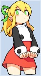 Rule 34 | 1girl, bachera, blonde hair, blush stickers, closed mouth, commentary request, cropped legs, dress, green eyes, green ribbon, grey background, hair between eyes, hair ribbon, long hair, long sleeves, mega man (classic), mega man (series), own hands together, ponytail, red dress, ribbon, roll (mega man), sidelocks, smile, solo