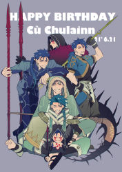 Rule 34 | 6+boys, ;d, arm on own head, armor, asymmetrical clothes, black gloves, blue bodysuit, blue hair, bodysuit, braid, character name, chest tattoo, chibi, closed eyes, cu chulainn (caster) (fate), cu chulainn (fate), cu chulainn (fate) (all), cu chulainn (fate/prototype), cu chulainn (fate/stay night), cu chulainn alter (fate), cu chulainn alter (fate/grand order), dated, earrings, facial mark, fangs, fate/grand order, fate/grand order arcade, fate/prototype, fate/stay night, fate (series), gae bolg (fate), gloves, grin, hair over shoulder, hair strand, hand on own hip, happy birthday, holding, holding polearm, holding spear, holding weapon, hood, jewelry, lancer, leaning forward, long hair, looking at viewer, male focus, md5 mismatch, mini cu-chan (fate), mitsudomoe (shape), monster boy, multiple boys, one eye closed, open mouth, parted bangs, polearm, ponytail, purple background, red eyes, resolution mismatch, sandals, setanta (fate), simple background, single braid, smile, source larger, spear, spiked tail, tail, tattoo, thigh gap, toeless legwear, tomoe (symbol), weapon, x-r5xxxlove