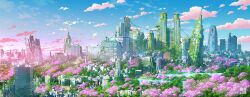 Rule 34 | abandoned, absurdres, blue sky, building, cherry blossoms, city, cloud, commentary request, highres, lake, nature, no humans, original, outdoors, overgrown, plant, post-apocalypse, ruins, scenery, sky, skyscraper, sunset, tokyogenso, vines, water