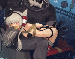 Rule 34 | 1boy, 1girl, amatsukaze (kancolle), black bra, black panties, boots, bound, bow, bow bra, bra, breasts, brown eyes, cad (caddo), commentary request, gag, gagged, hair tubes, high heel boots, high heels, highres, improvised gag, kantai collection, long hair, one eye closed, over the knee, panties, red footwear, rudder footwear, small breasts, smokestack hair ornament, spanking, tape, tape bondage, tape gag, thigh boots, two side up, underwear