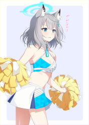 Rule 34 | 1girl, alternate costume, animal ear fluff, animal ears, armpits, blue archive, blue eyes, breasts, character name, cleavage, collarbone, commentary request, criss-cross halter, cross hair ornament, detached collar, eko, grey hair, hair between eyes, hair ornament, halo, halterneck, highres, holding, holding pom poms, leaning forward, medium breasts, medium hair, millennium cheerleader outfit (blue archive), mismatched pupils, navel, pleated skirt, pom pom (cheerleading), pom poms, shiroko (blue archive), sidelocks, simple background, skirt, solo, stomach, translation request, two-tone background, wolf ears, wolf girl