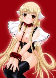 Rule 34 | 00s, 1girl, absurdres, bdsm, blonde hair, blush, bondage, bound, breasts, chii, chobits, collar, corset, count zero, cuffs, cuffs-to-collar, handcuffs, highres, leash, long hair, nipples, no panties, sitting, solo, thighhighs