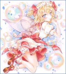 Rule 34 | 1girl, ankle socks, bad id, bad pixiv id, bloomers, blue eyes, border, bubble, blowing bubbles, colored pencil (medium), fairy wings, flying, gradient background, hair ribbon, headdress, looking at viewer, looking back, marker (medium), painting (medium), potto, potto (minntochan), puffy short sleeves, puffy sleeves, red hair, ribbon, short hair, short sleeves, skirt, socks, solo, sunny milk, touhou, traditional media, twintails, underwear, watercolor (medium), wings