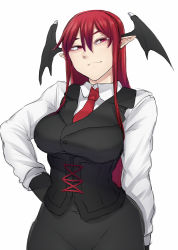 Rule 34 | 1girl, black gloves, black skirt, black vest, breasts, commentary request, demon wings, gloves, hand on own hip, head wings, highres, koakuma, lace, large breasts, long hair, long sleeves, looking at viewer, necktie, nicutoka, pointy ears, red eyes, red hair, red necktie, shirt, simple background, skirt, smile, solo, touhou, upper body, very long hair, vest, white background, white shirt, wings