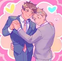 Rule 34 | 2boys, atarashi joushi wa dotennen, blue suit, blush, brown eyes, brown hair, business suit, collared shirt, dancing, formal, grey suit, hair slicked back, halftone texture, hand on another&#039;s hip, hand on another&#039;s shoulder, heart, highres, holding hands, jitome, light brown eyes, light brown hair, light smile, looking at another, loose hair strand, momose kentarou, multicolored background, multiple boys, necktie, parted bangs, pink necktie, shirosaki yuusei, shirt, short hair, simple background, slit pupils, striped necktie, suit, tareme, tirammansupreme, white shirt, yaoi
