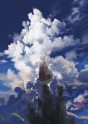Rule 34 | 1boy, absurdres, animal ear fluff, animal ears, blue sky, chromatic aberration, closed mouth, clothing request, cloud, cloudy sky, commentary request, day, grey hair, highres, hise, holding, japanese clothes, light smile, long sleeves, looking at viewer, male focus, original, outdoors, rock, short hair, signature, sky, solo, standing, wide shot, wide sleeves, yellow eyes