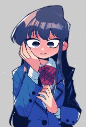 Rule 34 | 1girl, absurdres, black eyes, black hair, blazer, blue bow, blue bowtie, blue jacket, blush, bow, bowtie, breasts, closed mouth, diagonal-striped bow, ear blush, embarrassed, full-face blush, grey background, hand on own cheek, hand on own face, hands up, highres, jacket, jaggy lines, komi-san wa komyushou desu, komi shouko, long hair, long sleeves, looking at viewer, rariatto (ganguri), red bow, red bowtie, school uniform, sidelocks, simple background, solo, straight-on, striped bow, striped bowtie, striped clothes, two-tone bow, two-tone bowtie, upper body