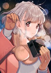 Rule 34 | 1girl, bad id, bad pixiv id, blush, box, brown gloves, gloves, highres, holding, holding box, looking at viewer, original, red eyes, shirakino, silver hair, smile, snow, snowing, solo, upper body, valentine