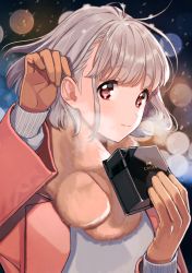 1girl bad_id bad_pixiv_id blush box brown_gloves female_focus gloves highres holding holding_box looking_at_viewer original red_eyes shirakino silver_hair smile snow snowing solo upper_body valentine