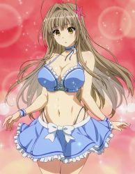 Rule 34 | 1girl, :o, alternate costume, alternate hairstyle, amagi brilliant park, antenna hair, bare shoulders, blush, bow, bra, bracelet, breasts, brown eyes, brown hair, choker, cleavage, collarbone, cosplay, costume, cowboy shot, curvy, female focus, flower, frills, gradient background, hair flower, hair intakes, hair ornament, halterneck, jewelry, kyoto animation, large breasts, lens flare, long hair, looking down, midriff, miniskirt, multicolored background, muse (amaburi), muse (amaburi) (cosplay), navel, open mouth, pleated skirt, screencap, sento isuzu, simple background, skirt, solo, sparkle, standing, thigh gap, underwear, very long hair, wide hips, wrist cuffs, yellow eyes