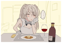 Rule 34 | ..., 1girl, anotsugini kuruji, bottle, bread knife, breasts, butter, cleavage, cleavage cutout, clothing cutout, commentary request, conte di cavour (kancolle), conte di cavour nuovo (kancolle), cup, dress, drinking glass, food, fork, gloves, hand on own face, kantai collection, large breasts, long hair, plate, silver hair, solo, spoken ellipsis, two side up, upper body, waffle, white dress, white gloves, wine bottle, wine glass