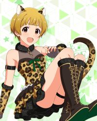 Rule 34 | 1girl, animal ears, blonde hair, brown eyes, dress, fingerless gloves, fukuda noriko, gloves, idolmaster, idolmaster million live!, idolmaster million live! theater days, leopard ears, leopard tail, official art, open mouth, short hair, simple background, tail