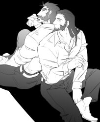 Rule 34 | 2boys, back-to-back, bara, beard, chest hair, collared shirt, couple, cowboy hat, facial hair, feet out of frame, graves (league of legends), greyscale, hair slicked back, hat, karipaku, league of legends, long hair, male focus, mature male, monochrome, multiple boys, mustache, pectoral cleavage, pectorals, shirt, short hair, sitting, smoking, thick eyebrows, twisted fate, yaoi