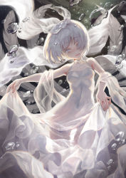 Rule 34 | 1girl, :d, backlighting, bare arms, bare shoulders, breasts, bubble, commentary request, dress, feathers, hair ornament, hair over one eye, head tilt, highres, looking at viewer, okuma mai, open mouth, original, see-through, see-through silhouette, silver hair, skirt hold, sleeveless, sleeveless dress, small breasts, smile, solo, white dress, white eyes, white feathers