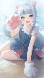 Rule 34 | 1girl, animal ears, animal hands, arm support, bag, blue eyes, blue hair, blunt bangs, blush, cat ears, cat paws, commentary, fins, fish tail, gawr gura, gawr gura (casual), gloves, highres, hololive, hololive english, looking at viewer, lunia, medium hair, multicolored hair, official alternate costume, open mouth, paw gloves, shark print, shark tail, sharp teeth, silver hair, sitting, solo, symbol-only commentary, tail, teeth, virtual youtuber, water