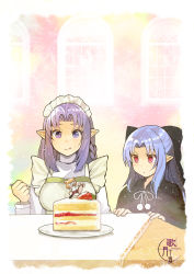 Rule 34 | 00s, 2girls, apron, bad id, bad pixiv id, black bow, blue eyes, blue hair, bow, braid, cake, cake slice, medea (fate), copyright name, crossover, fate/stay night, fate (series), food, fruit, hair bow, hair ribbon, half updo, highres, holding, holding spoon, kagetsu tooya, len (tsukihime), long hair, long sleeves, maid headdress, multiple girls, neco-arc, pointy ears, purple hair, red eyes, ribbon, sidelocks, single braid, sparkle, sparkling eyes, spoon, strawberry, suou-sensei, table, tsukihime, turtleneck, type-moon, winter clothes