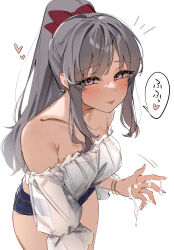 1girl bare_shoulders blue_shorts blush bow bracelet breasts commentary cum cum_on_body cum_on_hands gold_bracelet grey_hair hair_bow heart highres idolmaster idolmaster_shiny_colors jewelry karan leaning_forward long_hair looking_at_viewer medium_breasts multiple_bracelets naughty_face off-shoulder_shirt off_shoulder open_mouth purple_eyes red_bow see-through_clothes see-through_shirt shirt shorts simple_background smile solo speech_bubble strapless suggestive_fluid thighs translation_request tube_top white_background white_tube_top yukoku_kiriko