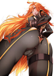 1girl ass black_bikesuit black_gloves black_jacket breasts cameltoe covered_anus cropped_jacket earrings fumihiko_(fu_mihi_ko) genshin_impact gloves gold_trim highres impossible_clothes jacket jewelry large_breasts long_hair long_sleeves looking_at_viewer looking_back mavuika_(genshin_impact) open_mouth red_eyes red_hair smile thighs