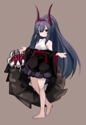 Rule 34 | 1girl, bare shoulders, barefoot, black dress, black hair, bow, breasts, brown background, closed mouth, collarbone, commentary request, dress, full body, hair between eyes, hair bow, hairband, hands up, highres, horns, long hair, noa (nagareboshi), off shoulder, original, ponytail, red bow, red eyes, red hairband, saliva, sharp teeth, shirt, short eyebrows, sidelocks, simple background, sleeveless, sleeveless shirt, small breasts, smile, solo, standing, standing on one leg, teeth, thick eyebrows, very long hair, white background, white shirt