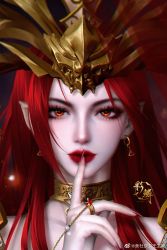 Rule 34 | 1girl, beads, cai lin (doupo cangqiong), chair, doupo cangqiong, earrings, finger to mouth, hair ornament, highres, jewelry, light, long hair, looking at viewer, panax 37, pointy ears, portrait, red hair, second-party source, solo