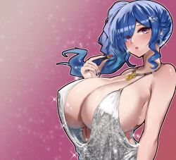 Rule 34 | 1girl, azur lane, blue hair, blush, breasts, cocktail dress, cosmetics, covered erect nipples, dress, earrings, evening gown, hair ornament, hair over one eye, highres, huge breasts, jewelry, lipstick, lipstick tube, looking at viewer, makeup, medium hair, necklace, paundo2, plunging neckline, purple eyes, shiny clothes, shiny skin, side ponytail, sidelocks, solo, sparkle, st. louis (azur lane), st. louis (luxurious wheels) (azur lane), upper body, wavy hair