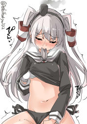 Rule 34 | 1girl, amatsukaze (kancolle), black panties, blush, closed eyes, closed mouth, clothes lift, clothing aside, cowboy shot, dress, dress lift, ebifurya, gloves, hand under clothes, heart, highres, kantai collection, lifted by self, long hair, long sleeves, mouth hold, out-of-frame censoring, panties, panties aside, pussy juice, sailor dress, side-tie panties, silver hair, simple background, smoke, solo, sweat, trembling, twitter username, two side up, underwear, white background, white gloves
