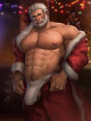 Rule 34 | 1boy, abs, absurdres, appas, bara, bare pectorals, beard, bulge, christmas, clothes pull, erection, erection under clothes, facial hair, feet out of frame, fur-trimmed jacket, fur trim, head tilt, highres, jacket, jockstrap, large bulge, large pectorals, male focus, male underwear, mature male, muscular, muscular male, navel, navel hair, nipples, off shoulder, old, old man, open clothes, open jacket, overwatch, overwatch 1, paid reward available, pants, pants pull, pectorals, reinhardt (overwatch), santa costume, scar, scar across eye, scar on face, seductive smile, short hair, smile, solo, stomach, underwear, veins, veiny hands, white hair, white male underwear